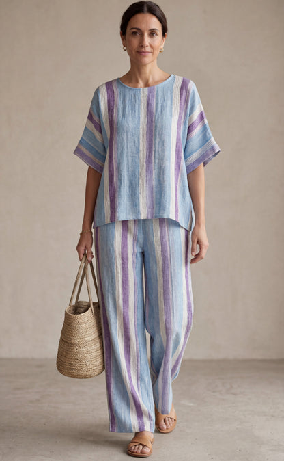 Ginevra — Top elegante en tono malva pastel y pantalones de lino a rayas