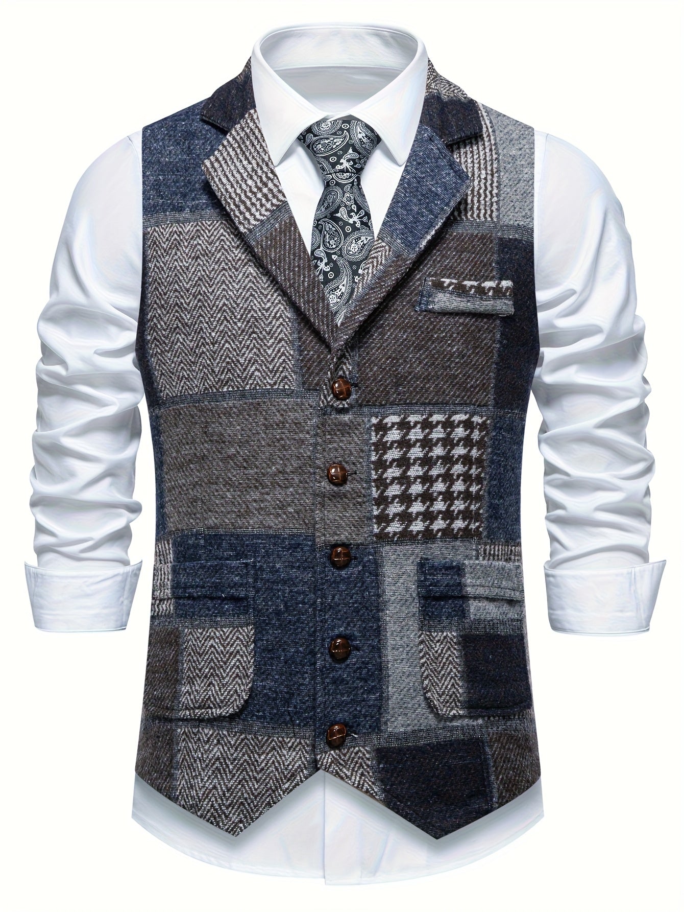 Leo | Chaleco de tweed patchwork con patrón de espiga